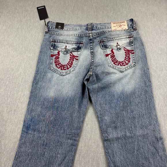 True Religion Jeans Men 36 Fits 38x34 Blue Ricky Relaxed Straight‎ Warped Logo